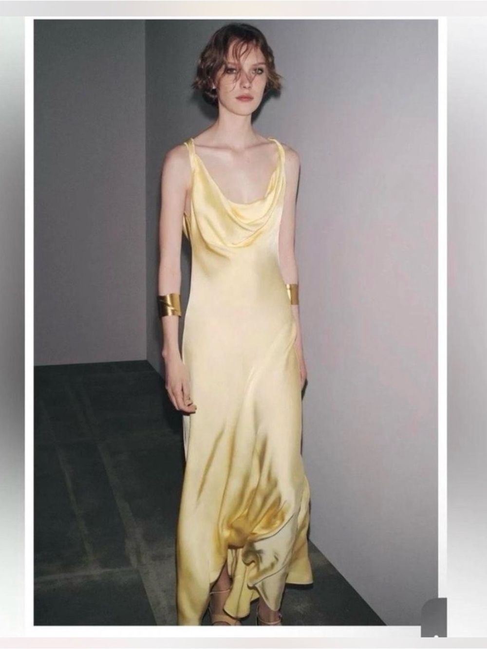 Zara Pale Yellow Satin Cowl Neck Maxi Dress